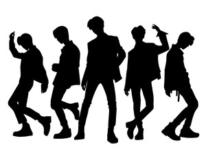 Male idol group silhouette, kpop idol dancing, icon isolated on white background, vector illustration 5