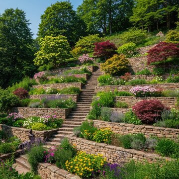 Beautiful terraced hillside garden climbing a steep slope featuring stone retaining walls and vibrant flora under a bright summer sky ,steps ,summer ,retaining wall