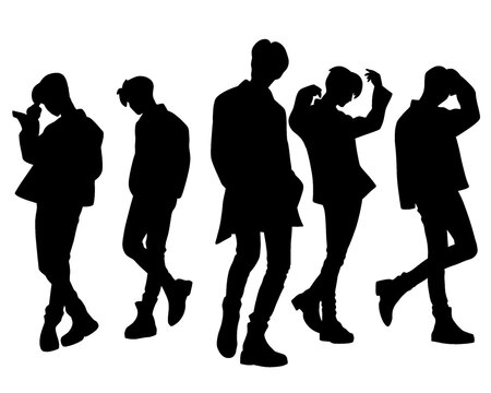 Male idol group silhouette, kpop idol dancing, icon isolated on white background, vector illustration 8