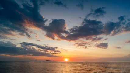 Aerial of Cloud with sunset sky background in Thailand,Cloudscape time lapse background Dark red...