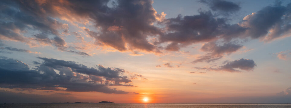 Aerial of Cloud with sunset sky background in Thailand,Cloudscape time lapse background Dark red purple sunset sky Nature background, sunset in the clouds