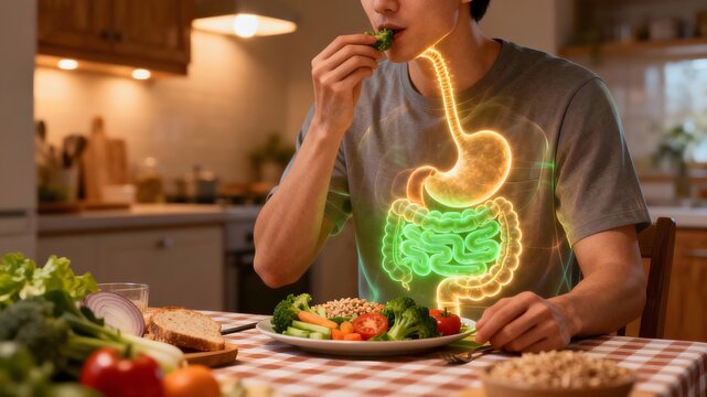 Man eating with glowing digestive system visualization. Gastroenterology concept showing food digestion and nutrient absorption for nutrition and gut health content.