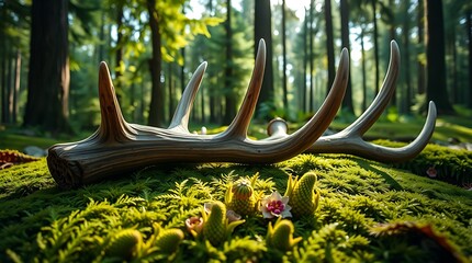 Antlers resting on mossy ground in a forest with sunlight filtering through the trees behind it