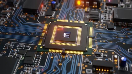 Intricate microchip on a glowing circuit board, representing advanced digital technology, data processing, and the heart of modern computing innovation - Powered by Adobe