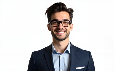 Portrait of a handsome young businessman in suit, smiling on face with glasses, isolated on transparent background. High quality