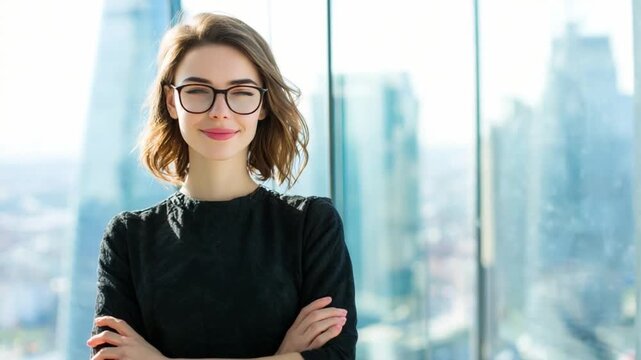 Businesswoman with Confidence: A poised businesswoman stands confidently, her arms crossed, reflecting success and modern professionalism, set against the backdrop of a modern city.