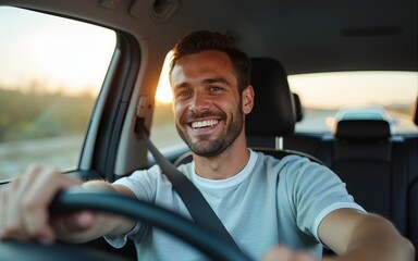 Handsome smiling latin man driving a car. Car sharing concept. High quality