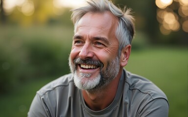 Mature bearded man smiling outdoors while looking away. High quality