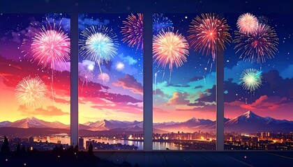Happy New Year 2026 and Merry Christmas corporate blue social media backgrounds with fireworks - Templates for company marketing stories, square, portrait posts