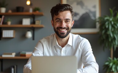 Portrait of young smiling happy handsome successful businessman entrepreneur freelancer working from home office on laptop computer looking at camera. High quality