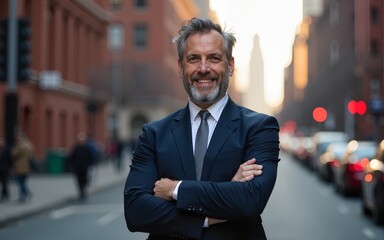 Smiling mature business man with arms crossed on evening New York street. High quality