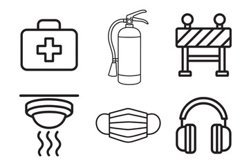 Work safety line editable icon set. Containing workplace security, Safety first, hard hat, insurance, first aid kit, risk management, regulation, and more. editable stroke. Vector illustration