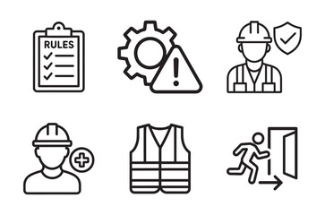 Work safety line editable icon set. Containing workplace security, Safety first, hard hat, insurance, first aid kit, risk management, regulation, and more. editable stroke. Vector illustration