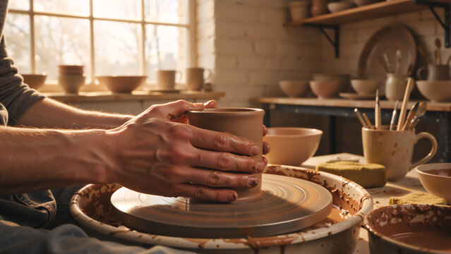 Close-up of potter hands shaping clay on a spinning wheel in a sunlit workshop. Artisan making ceramic pot in studio. Craftsmanship and handmade art concept - Powered by Adobe