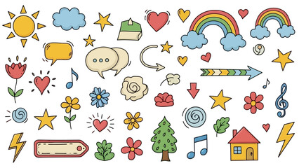 Collection of colorful hand-drawn doodle elements and icons on white background