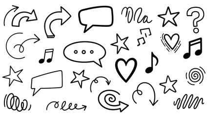 Collection of Hand-Drawn Doodle Elements: Arrows, Speech Bubbles, Stars, Hearts, Music Notes