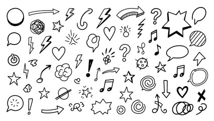 Hand-drawn doodle icons: arrows, stars, hearts, lightning, music notes, speech bubbles © Aruna