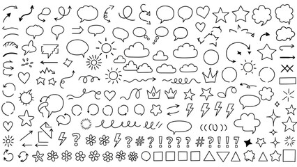 Hand-drawn doodle icons and elements for design: arrows, stars, hearts, clouds, and more