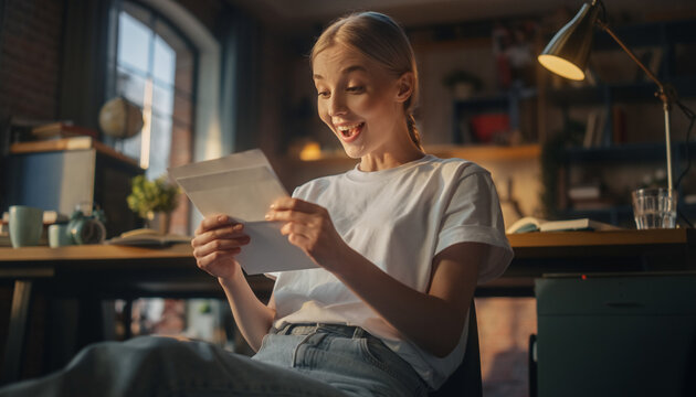 Excited Young Woman Reading a Letter, Happy Surprise in Cozy Home, Interior, Happiness, Joyful Expression.