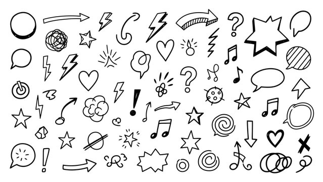 Hand-drawn doodle icons: arrows, stars, hearts, lightning, music notes, speech bubbles