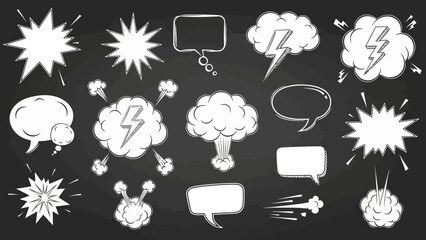 Comic Style Speech Bubbles and Explosion Sound Effects on Black Chalkboard Background