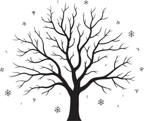 Black bare tree with falling snowflakes winter