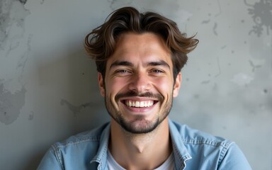 Handsome young man over grey grunge wall with a happy and cool smile on face. Lucky person. High quality