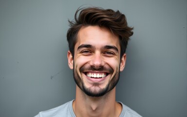 Handsome young man over grey grunge wall with a happy and cool smile on face. Lucky person. High quality