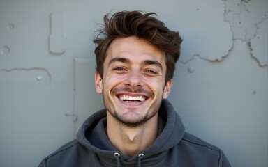 Handsome young man over grey grunge wall with a happy and cool smile on face. Lucky person. High quality