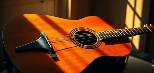 A beautifully crafted acoustic guitar rests in soft, natural light, suggesting gentle melodies and serene musical moments,  hobby,  instrument