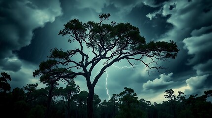 Silhouette of a tree against a stormy sky with lightning in the background during a dark night