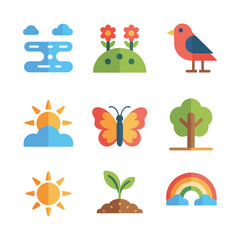 Spring nature icon set, flowers birds sun rainbow, seasonal outdoor festival elements, eco environment celebration, colorful flat vector