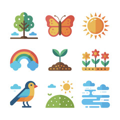 Nature landscape icon pack, trees butterflies rainbows birds, spring season celebration graphics, outdoor event illustration, flat vector