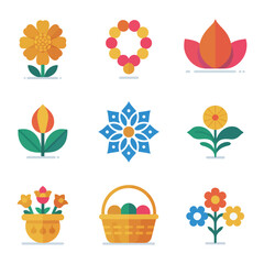 Decorative flower icon set, floral patterns wreath basket, spring festival design elements, seasonal celebration vector illustration