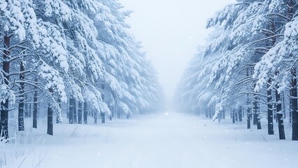 Serene winter forest path lined with snow-covered pine trees.