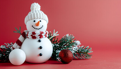 A cheerful snowman wearing a white knit hat and red scarf sits amidst green pine branches and a red ornament on a solid red background, conveying a merry Christmas mood with warm colors.