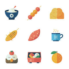 Street food festival icon collection, snacks skewers sweets bowls drinks, cultural celebration cuisine elements, modern flat vector illustration