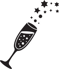 Black champagne glas with bubbles and stars celebration