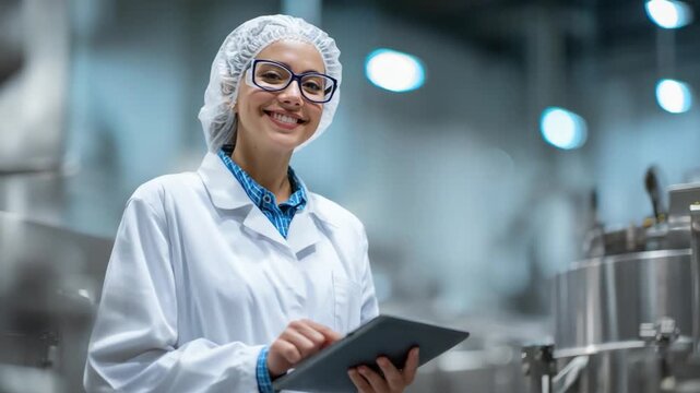 Smiling Inspection: A female scientist, adorned in a lab coat and hairnet, beams with a tablet in hand, ensuring quality and standards in a state-of-the-art facility.