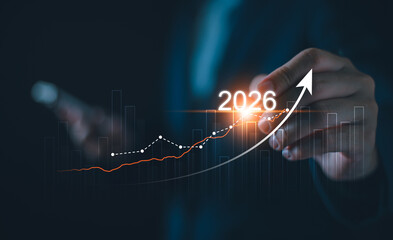 Business goals beginning 2026 new year banner concept, Businessman touching increase arrow investment graph future growth 2026. Financial planning target and strategy, Budgeting Plan and challenge