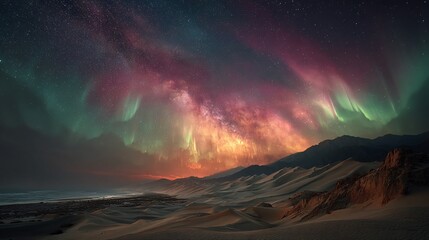 Breathtaking Night Sky with Aurora Over Desert Landscape at Dusk