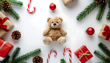 Merry Christmas flat lay with a teddy bear surrounded by gifts, candy canes, pine branches, and pine cones on a white background, conveying a festive mood with warm colors.