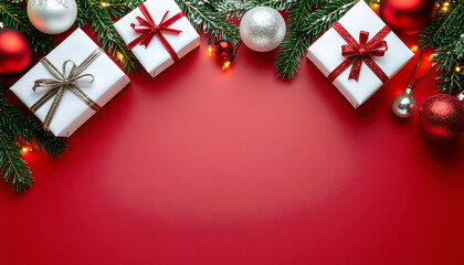 Merry Christmas gifts and ornaments on a festive red background with pine branches and warm lights.