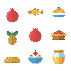 Traditional harvest food icon collection, fruits fish bread bowls honey, cultural feast celebration cuisine elements, modern flat vector