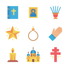Spiritual worship illustration pack, sacred book icon candle prayer symbols, religious ceremony celebration elements, soft flat vector