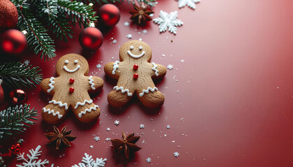 Overhead view of gingerbread men surrounded by Christmas decorations and snowflakes on a red background, evoking a festive Merry Christmas atmosphere.