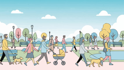 Diverse group of people walking and enjoying a park.