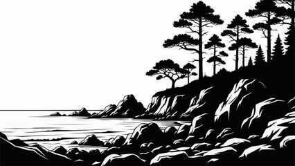 Rugged Coastal Landscape with Pine Trees and Rocky Shoreline.