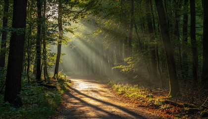 Fototapeta premium Serene Forest Path Illuminated by Sunbeams Nature Photography, Sunlight Through Trees, Woodland Road, Scenic Landscape, Environment