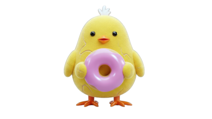 Cute Chick Holding Donut on White Background